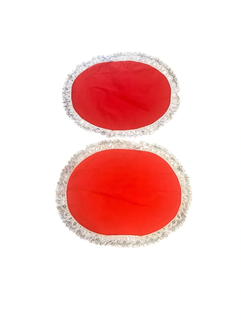 Red White Hearts Fabric Oval Placemats Lace Trim - Set of 4
